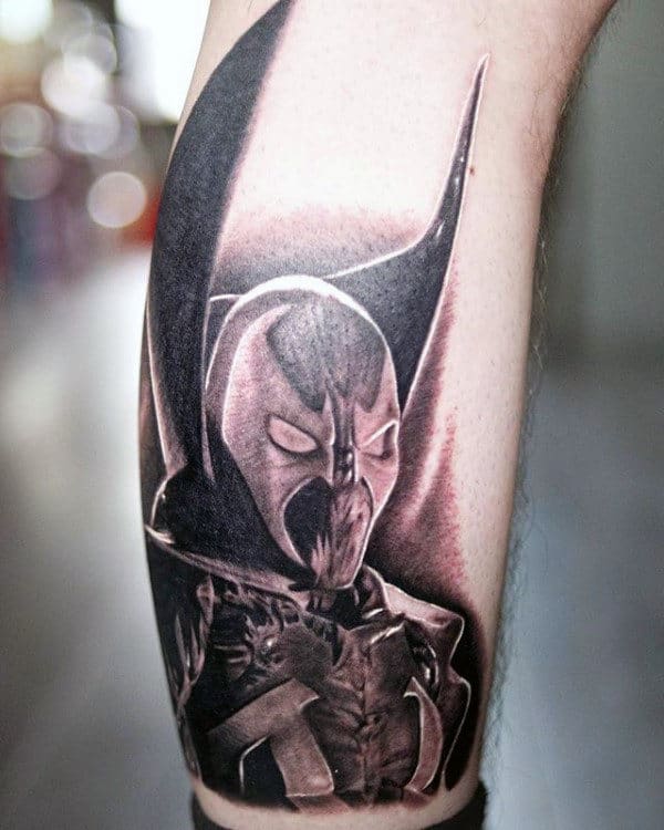 Mens Shaded Black And Grey Spawn Lower Leg Tattoos