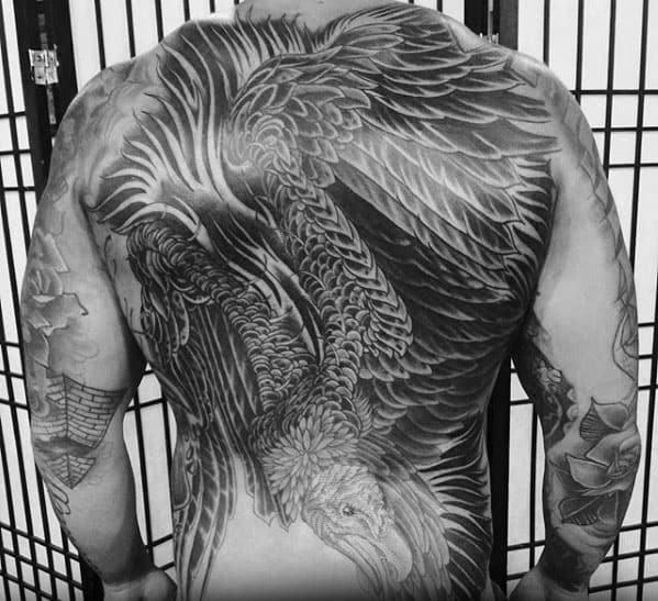 Mens Shaded Black And Grey Vulture Traditional Back Tattoos