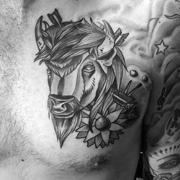 Mens Shaded Black Ink Bison Arrow Upper Chest Tattoo