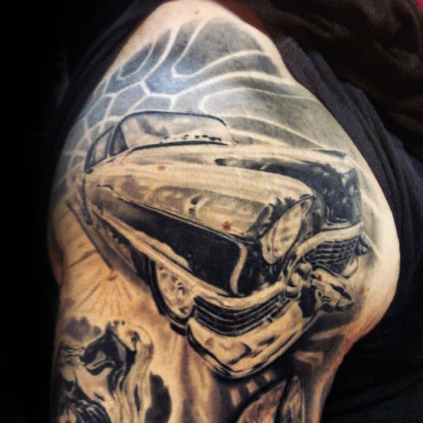 Mens Shaded Cadillac Car Shoulder Tattoo Designs