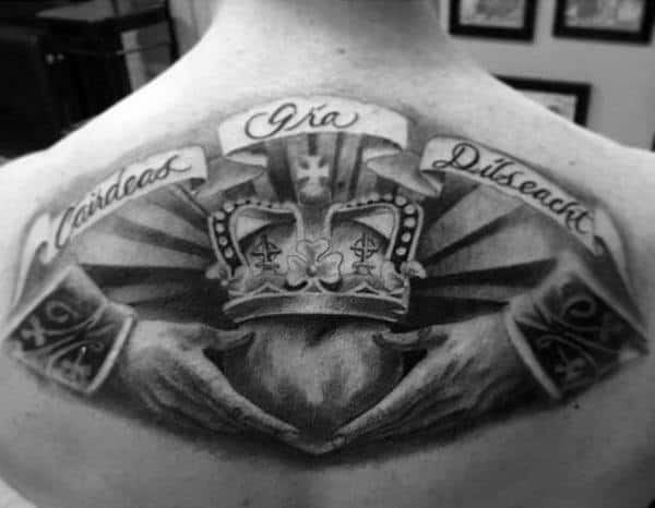 Mens Shaded Claddagh Back Tattoo With Black Ink Design