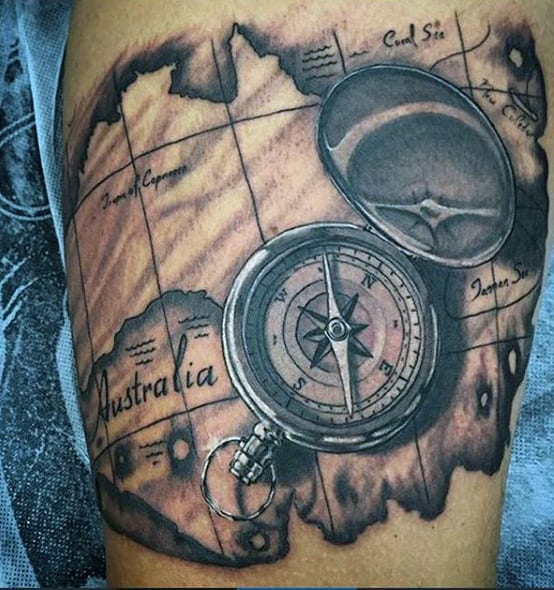 Mens Shaded Compass With Map Of Australia Travel Tattoo On Bicep