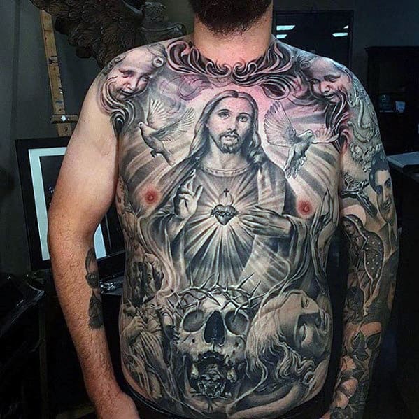 Mens Shaded Different Chicano Jesus Themed Full Chest Tattoo