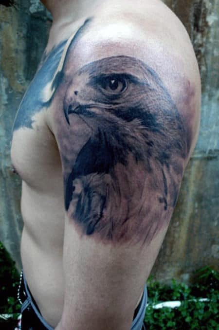 Mens Shaded Falcon Upper Arm Male Tattoo Design Ideas