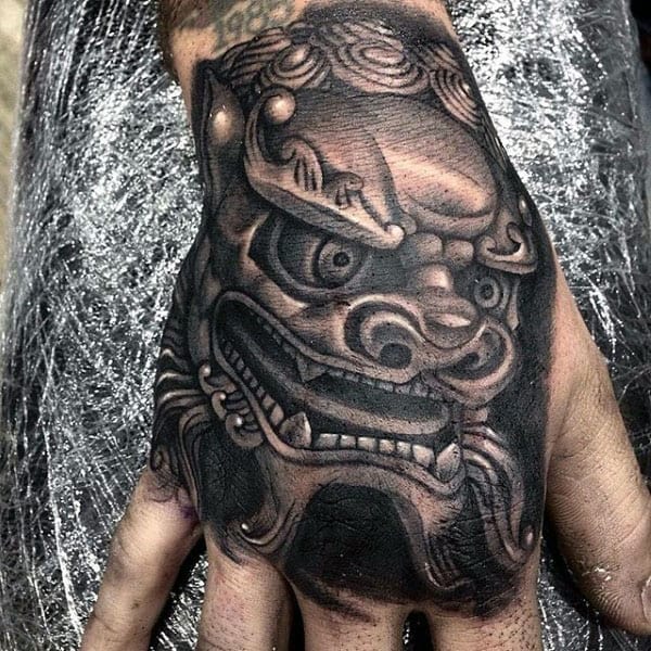 Mens Shaded Foo Dog Hand Tattoo