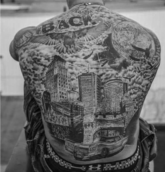 Mens Shaded Full Back Skyline Tattoo Designs