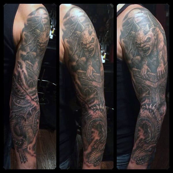 Mens Shaded Gargoyle Tattoo Full Sleeve