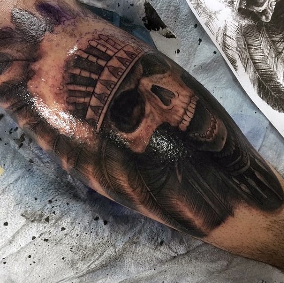 Mens Shaded Indian Chief Skull Tattoo On Leg Calf