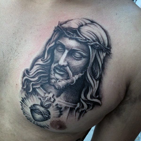 Mens Shaded Jesus With Heart Catholic Mens Upper Chest Tattoo