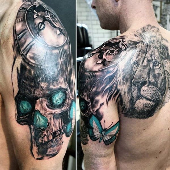 Mens Shaded Lion Shoulder Tattoo Designs