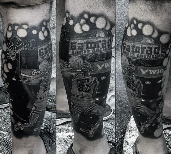 Mens Shaded Michael Jordan Guys Leg Sleeve Tattoo