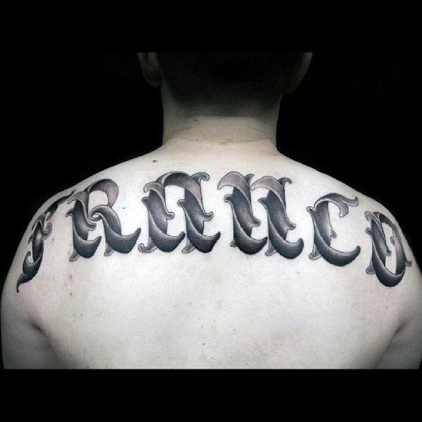 Mens Shaded Ornate Last Name Upper Back Tattoo Designs