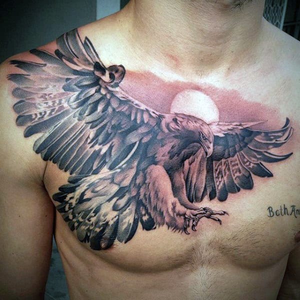 Mens Shaded Realistic Eagle Flying Chest Tattoo