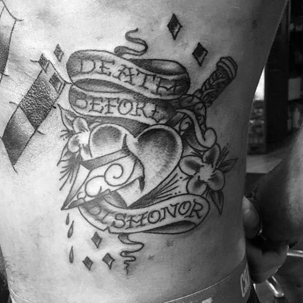 Mens Shaded Traditional Rib Cage Side Death Before Dishonor Tattoo