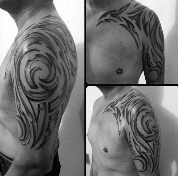 Mens Shaded Tribal Half Sleeve Tattoo With Black And Grey Design