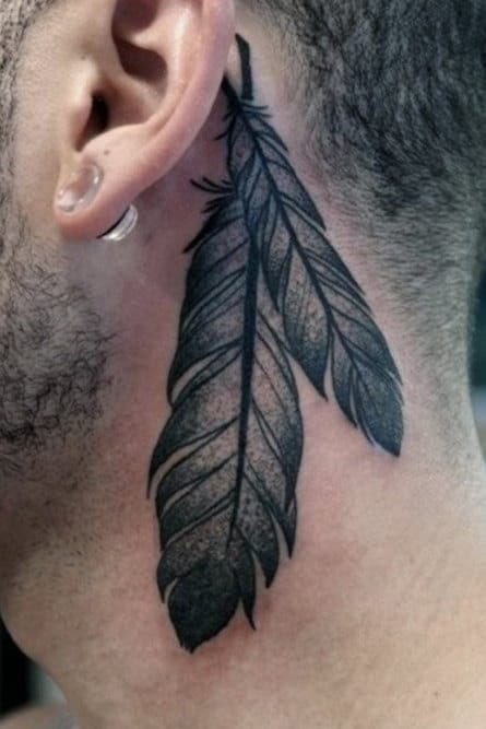 Mens Shaded Two Feather Tattoo Behind Ear