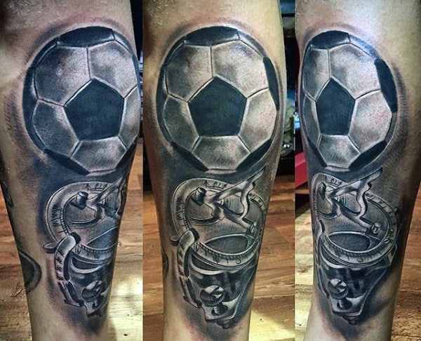 Mens Shaded White And Black Ink Soccerball Tattoo On Back Of Legs