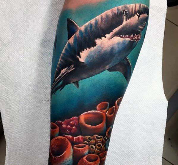 Mens Shark Above Coral Reef Ocean Sleeve Tattoo On Leg