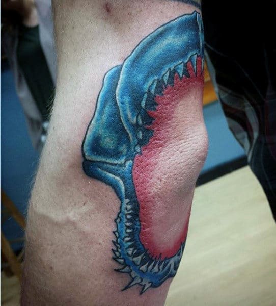 Mens Shark Elbow Tattoo In Blue And Red