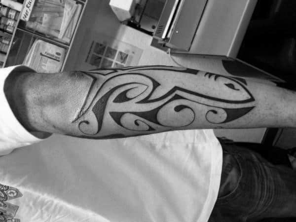 Mens Shark Tribal Outer Forearm Tattoo
