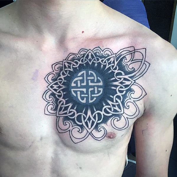 Mens Shield Celtic Knot Tattoo On Upper Chest