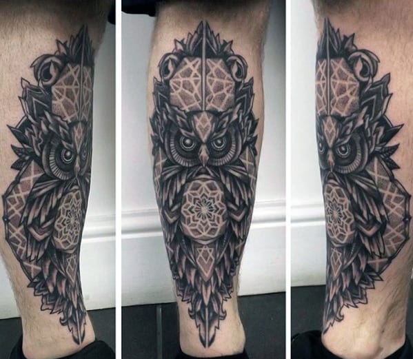 Mens Shin Geometric Owl Tattoos