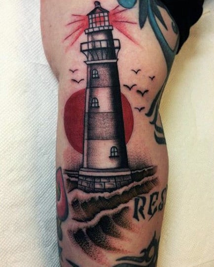 Mens Ship And Lighthouse Tattoo