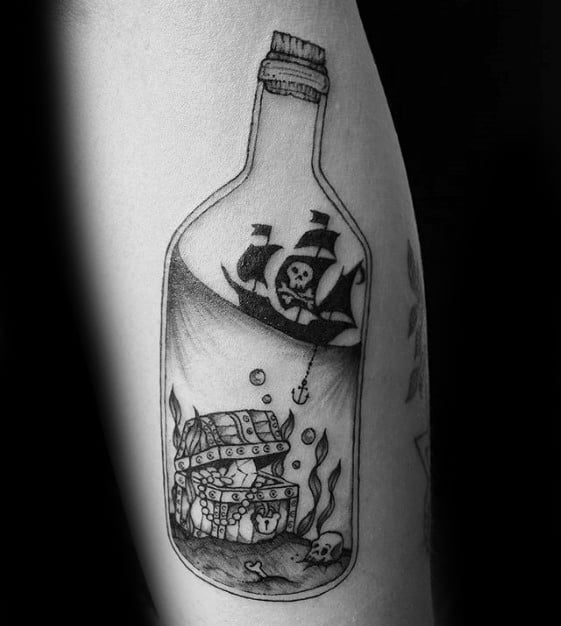 Mens Ship In A Bottle Pirate Flag Arm Tattoo