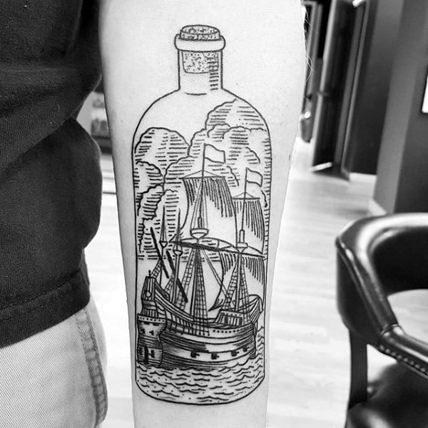Mens Ship In A Bottle Woodcut Design On Arm