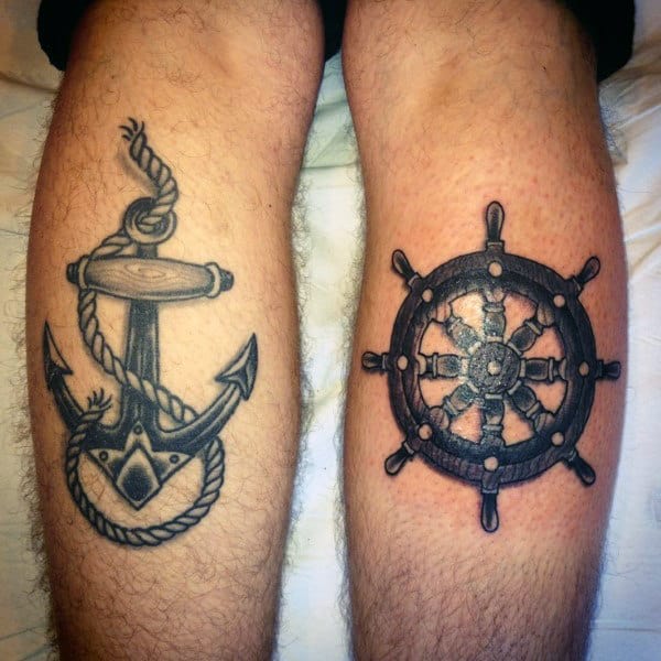 Mens Ship Wheel And Anchor Tattoo On Legs