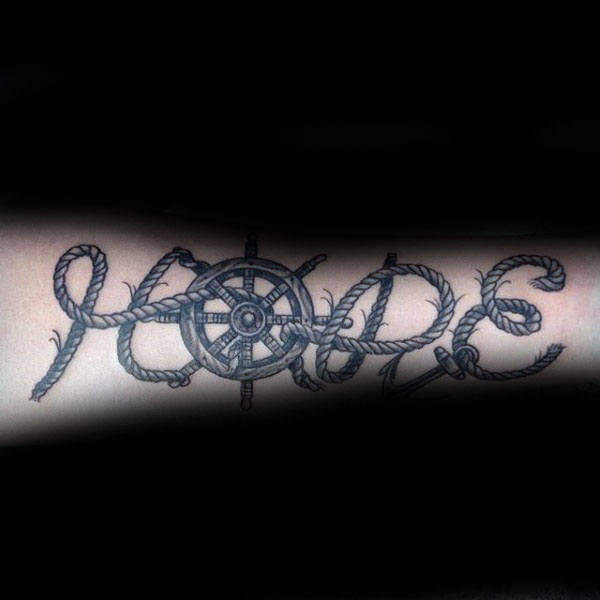 Mens Ship Wheel With Rope Hope Forearm Tattoo