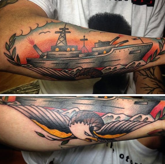 Mens Ship With Bald Eagle Old School Navy Tattoos On Outer Forearm
