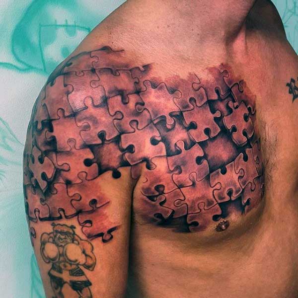 Mens Shoulder And Chest Puzzle Piece Tattoo With Shading