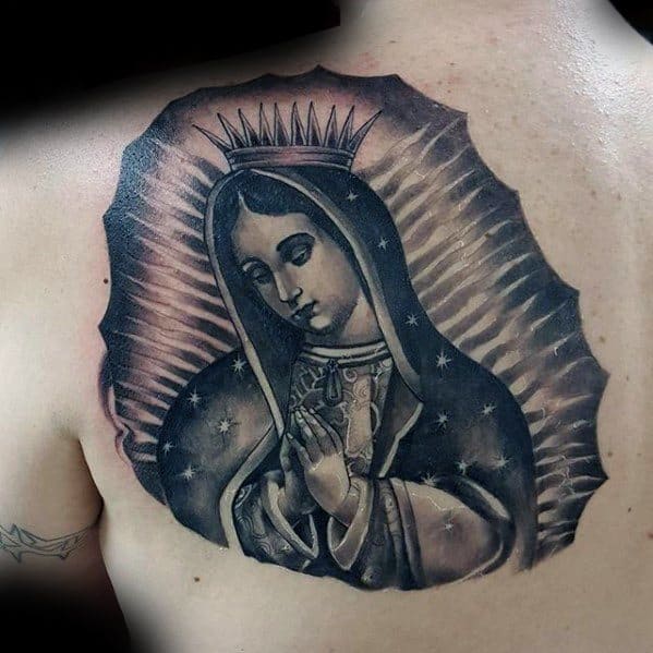 Mens Shoulder Back Guadalupe Tattoo Design Ideas