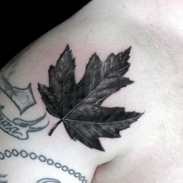 Mens Shoulder Black And Grey Maple Leaf Tattoo Design