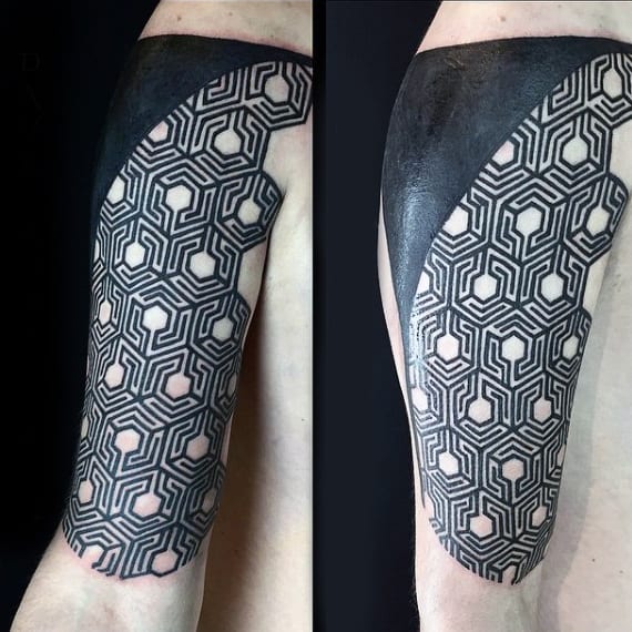 Mens Shoulder Black Patched Honeycomb Tattoo