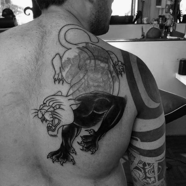 Mens Shoulder Blade Traditional Panther Tattoo Cover Up Ideas
