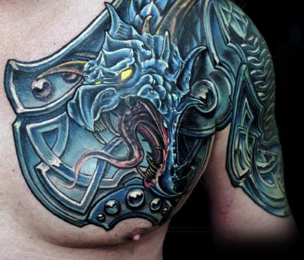 Mens Shoulder Blue Dragon Armor Plate Tattoo