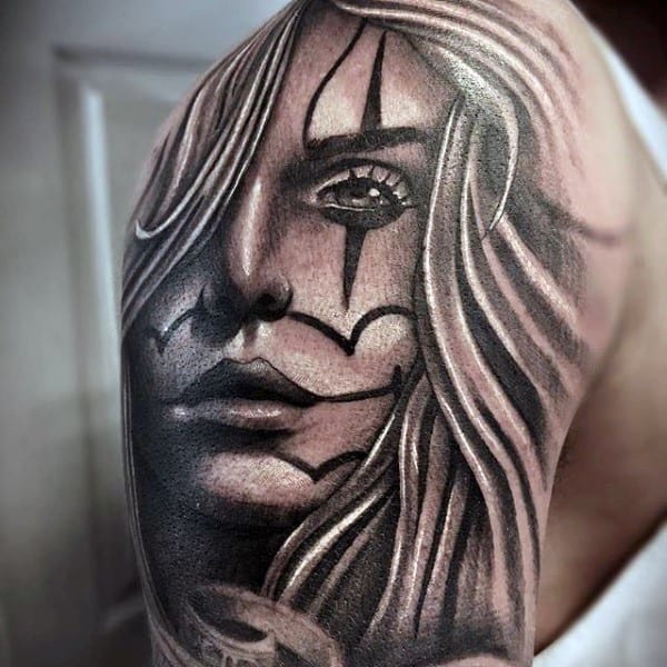 Mens Shoulder Chicano Female Portrait Tattoo