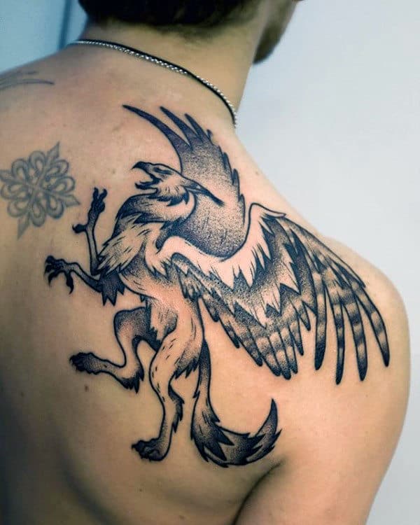 Mens Shoulder Dotwork Griffin Tattoo Ideas