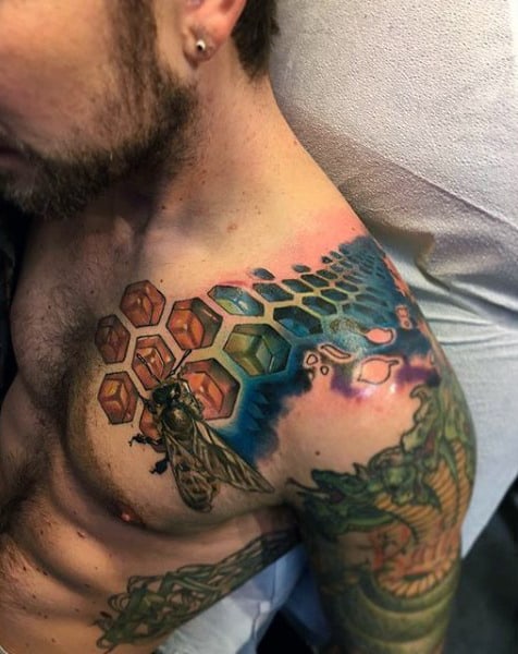 Mens Shoulder Lovely Colored Honeycomb Bee Tattoo