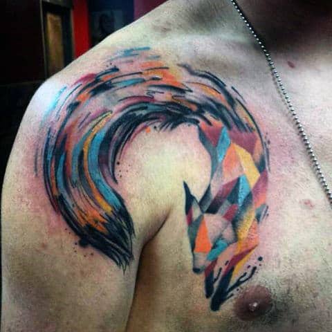 Mens Shoulder Multicolored Geometric Fox Tattoo