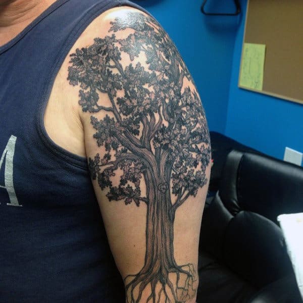 Mens Shoulder Realistic Oak Tree Tattoo