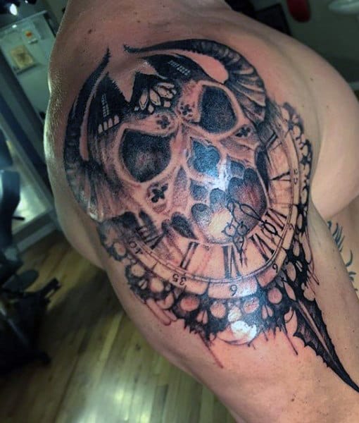 Men's Shoulder Skull Clock Tattoo