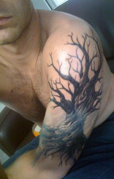 Mens Shoulders Alarming Dark Oak Tree Tattoo