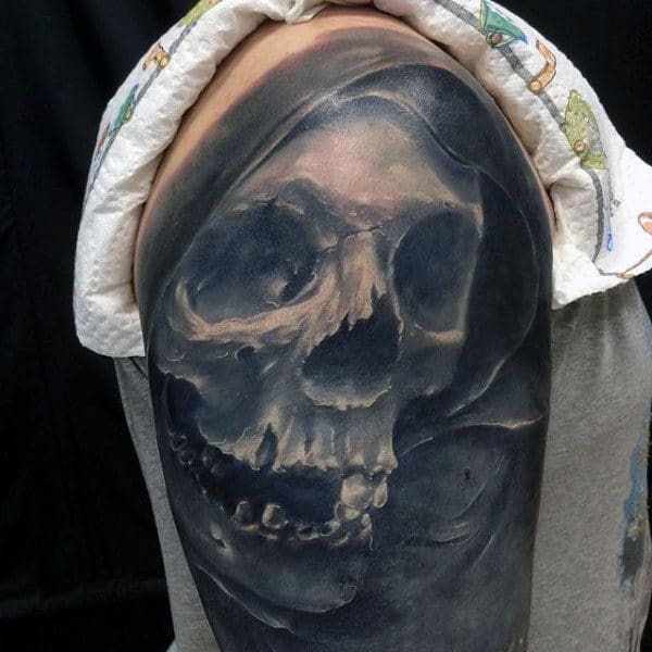Mens Shoulders Black And White Tattoo Of Skull
