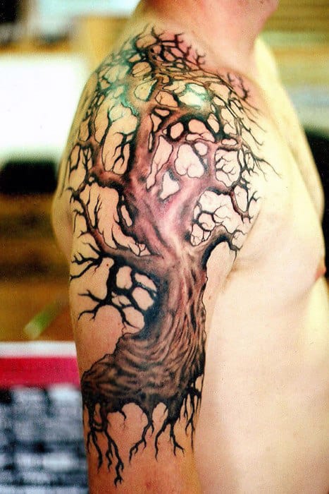 Mens Shoulders Eerie Oak Tree Tattoo