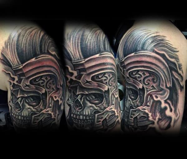 Mens Shoulders Hairy Skull Black And White Tattoo