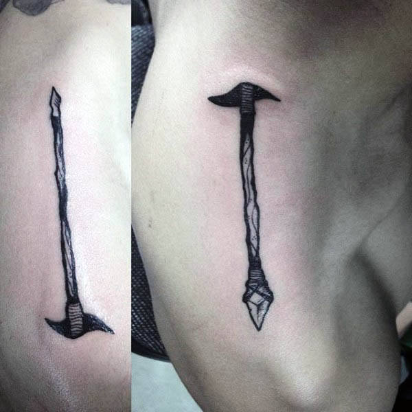 Mens Shoulders Spear Through Skin Tattoo Designs