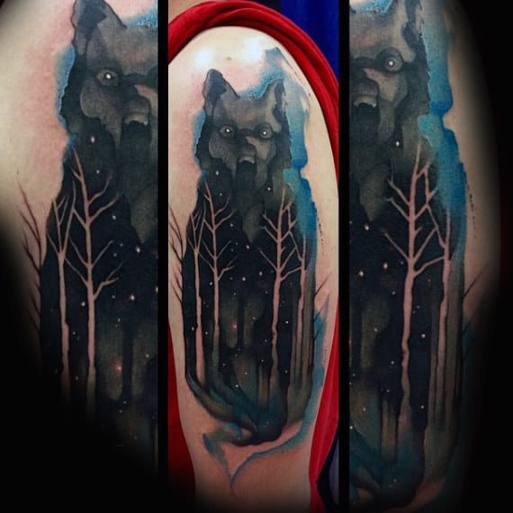 Mens Shoulders Werewolf Watercolor Tree Tattoo
